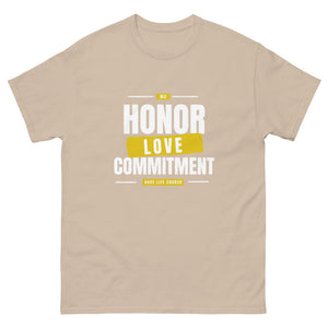 White & Gold Unisex Honor-Love-Commitment heavyweight tee